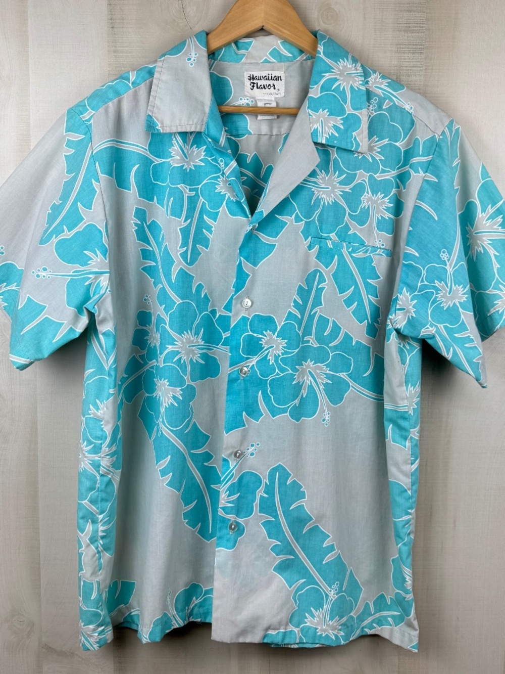 Vintage Hawaiian Flavor Men’s Hawaiian Shirt Gray Turquoise Flowers Leaves XL